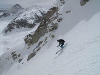 Chad skiing The Sliver with Pfiefferhorn in the background (photo by Andy Paradis)